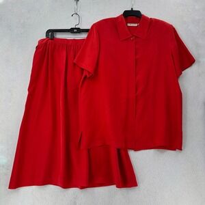 VTG Chaus Red‎ 100% Silk Dress Outfit Set Size XL 2 Piece Dress Skirt & Blouse